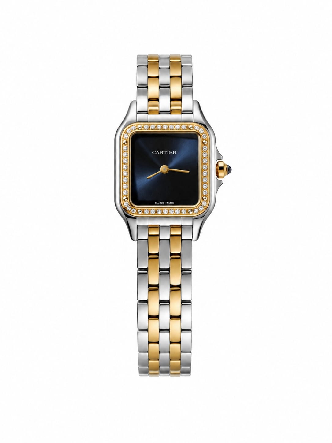 Cartier Panthère-Inspired Women’s Two-Tone Gold & Silver Square Watch with Sparkling Rhinestone-Set Bezel & Navy Blue Dial (Small Case) Dimensions: 25.1 × 18.5 mm