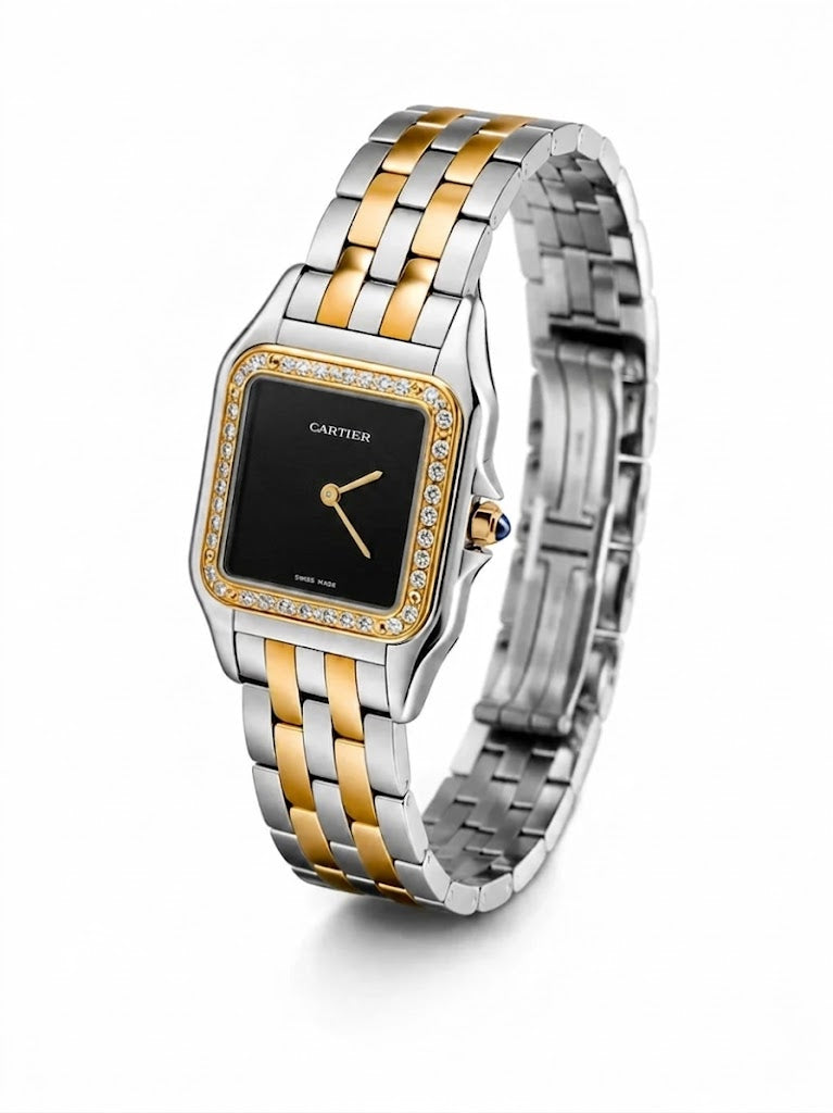 Cartier Panthère-Inspired Women’s Two-Tone Gold & Silver Square Watch with Sparkling Rhinestone-Set Bezel & Black Dial (Medium Case) Dimensions: 36.5 × 26.7 mm