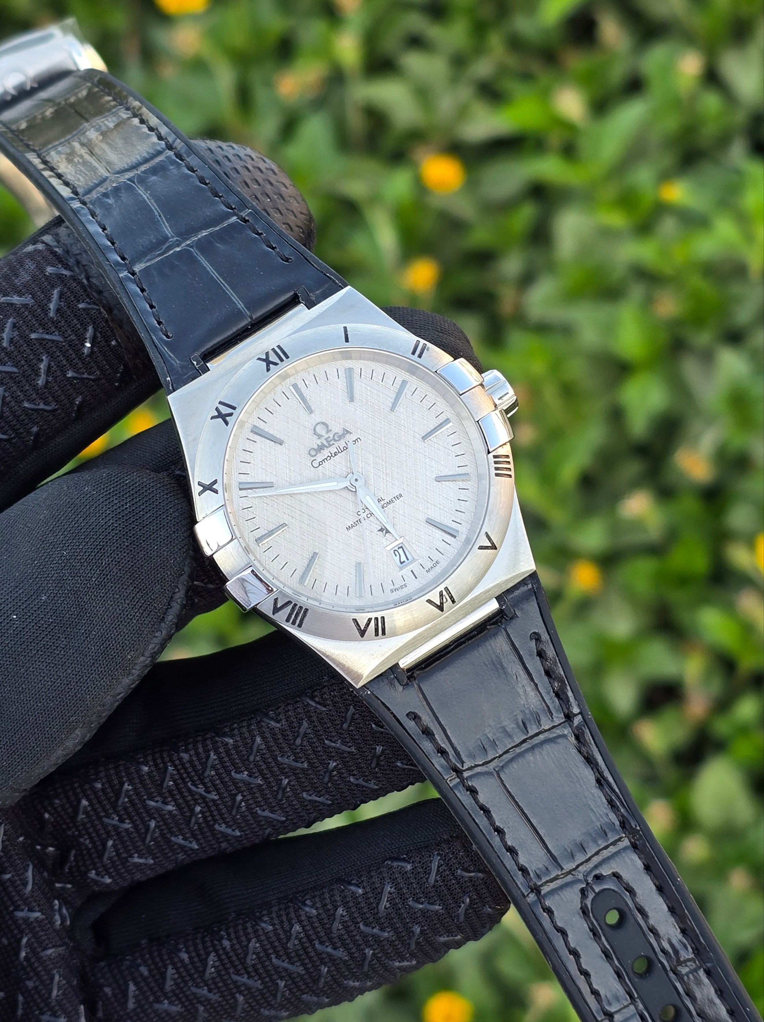 Omega Leather Watch For Men - Black Strap & White Dial