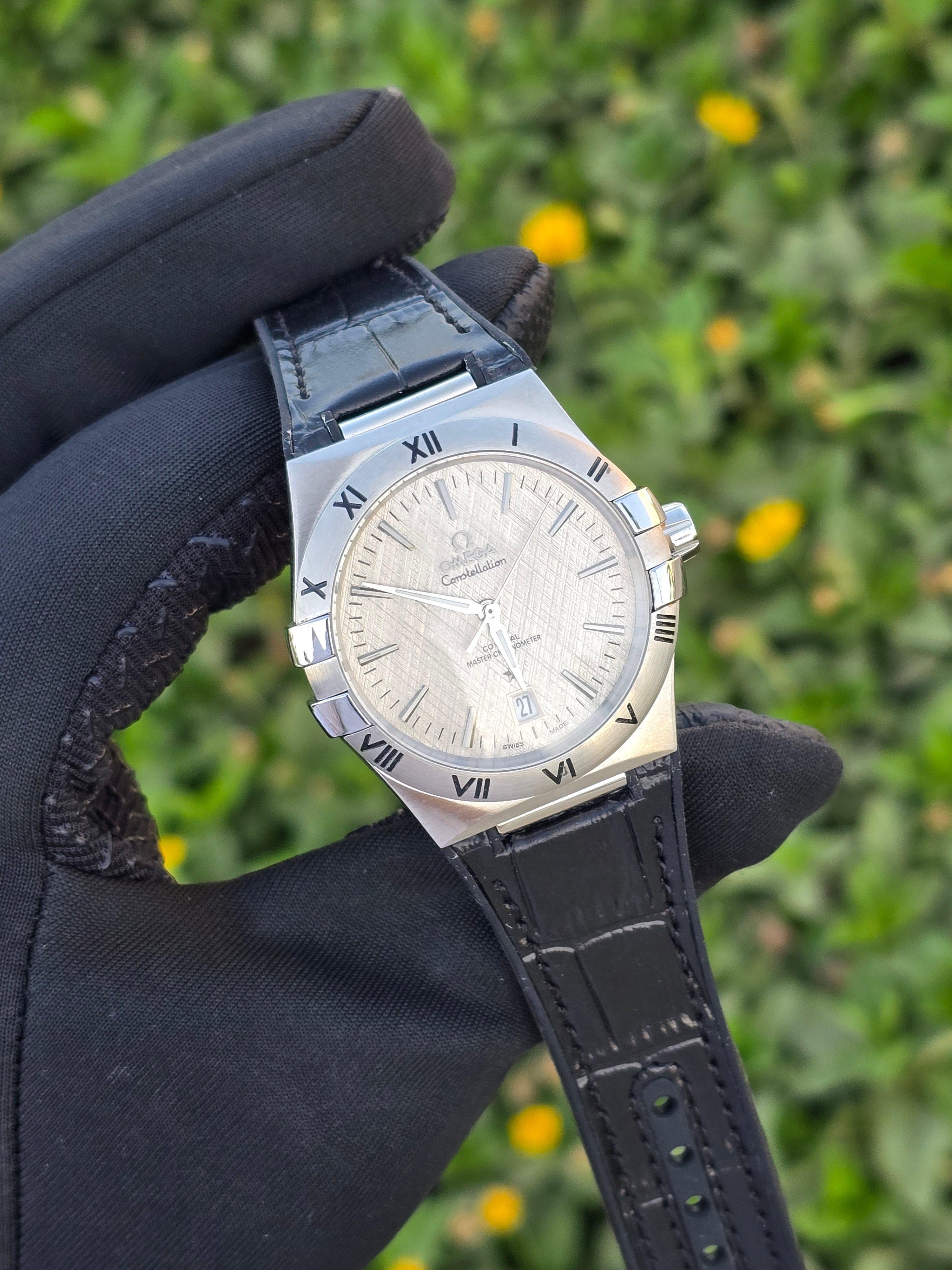 Omega Leather Watch For Men - Black Strap & White Dial