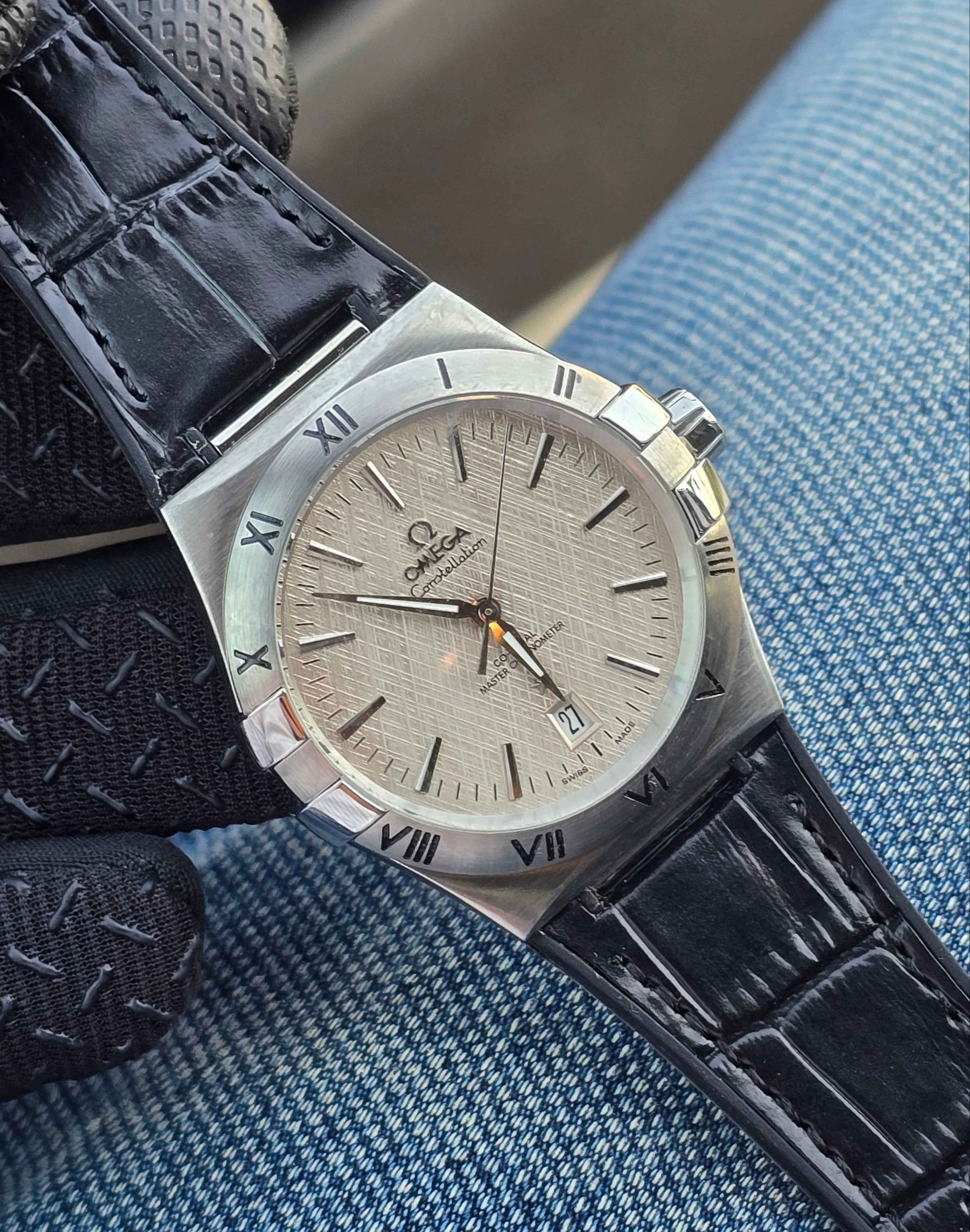 Omega Leather Watch For Men - Black Strap & White Dial