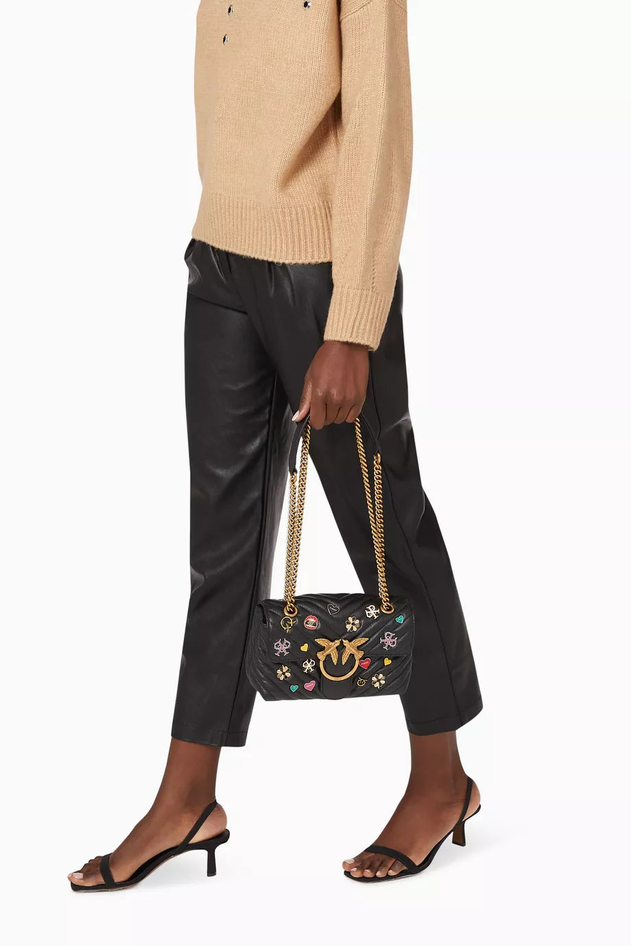 PINKO Women's Black Leather Shoulder & Crossbody Bag – Love Birds Buckle with Decorative Charm Design#07