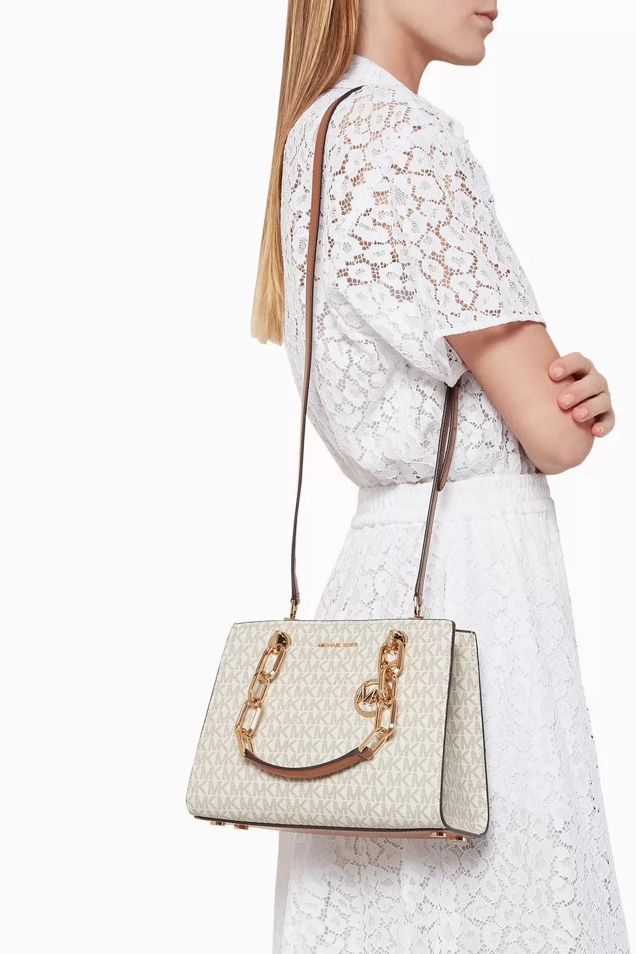 Michael Kors Cynthia Small Satchel Bag - Vanilla Beige Logo Coated Canvas for Women#0029