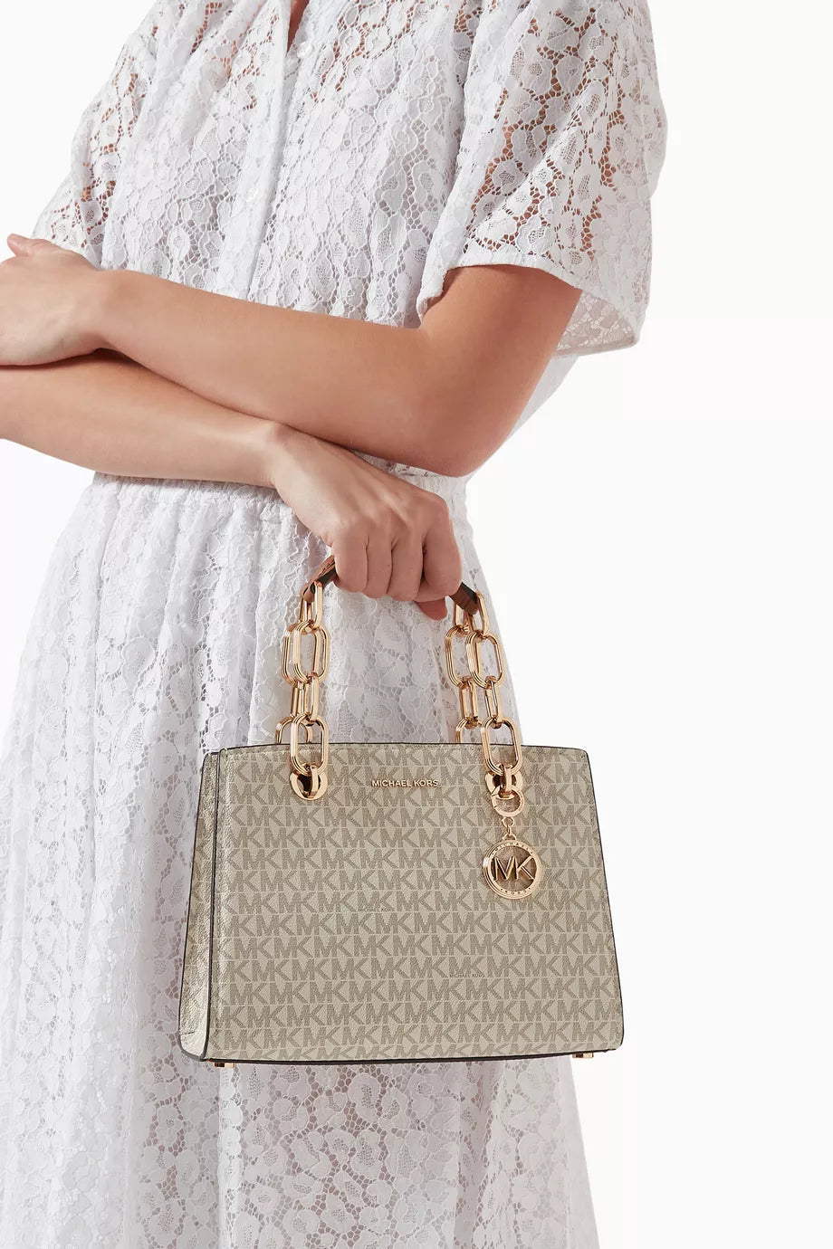 Michael Kors Cynthia Small Satchel Bag - Vanilla Beige Logo Coated Canvas for Women#0029