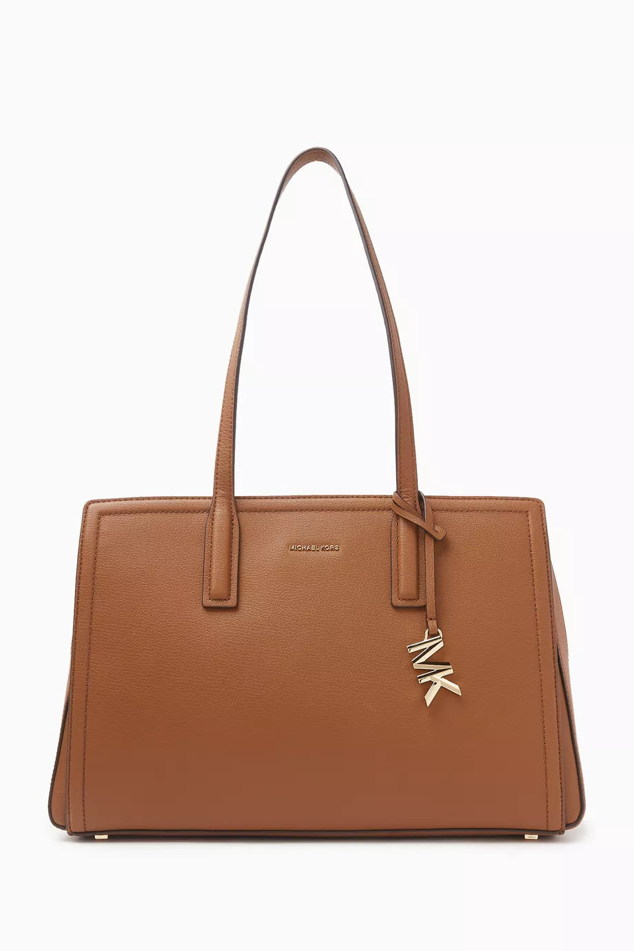 Michael Kors Brown Structured Leather Tote Bag with Gold MK Logo Charm #0068