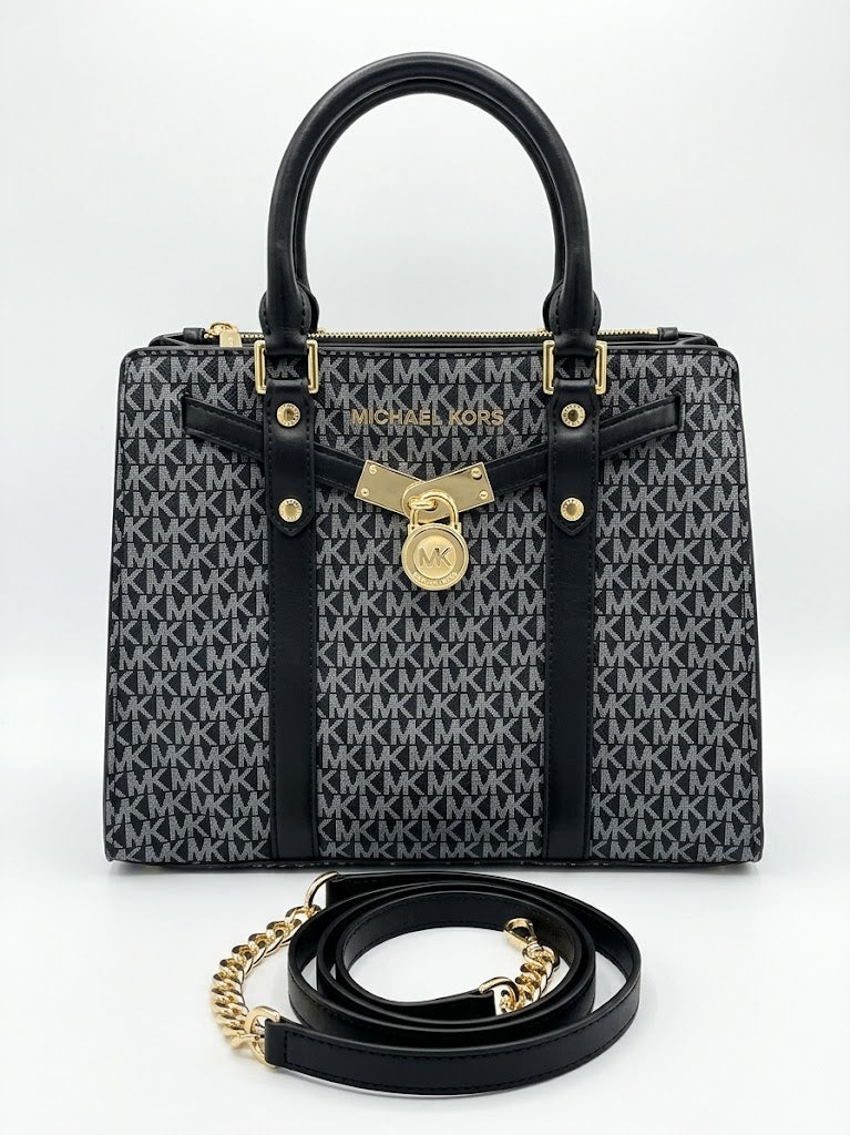 Michael Kors Women's Monogram Signature Satchel Shoulder Bag with Lock Charm & Strap - Black #0026