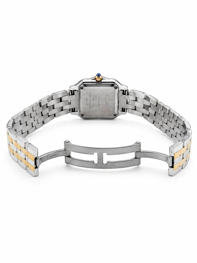 Cartier Panthère-Inspired Women’s Two-Tone Gold & Silver Square Watch with Sparkling Rhinestone-Set Bezel & Green Dial (Small Case) Dimensions: 25.1 × 18.5 mm
