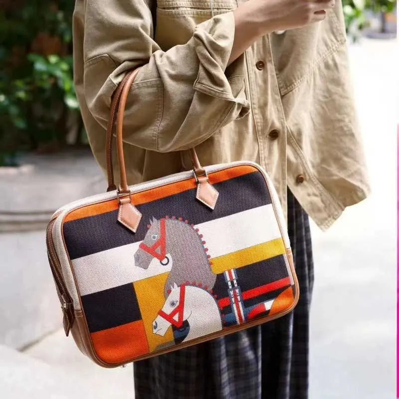 Women's Classic Equestrian Horse Print Geometric Striped Fashion Handbag#0003