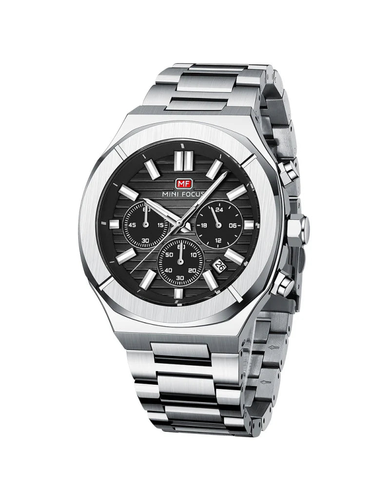 Mini Focus Men’s Stainless Steel Quartz Watch – 43mm Chronograph Style, Black Dial