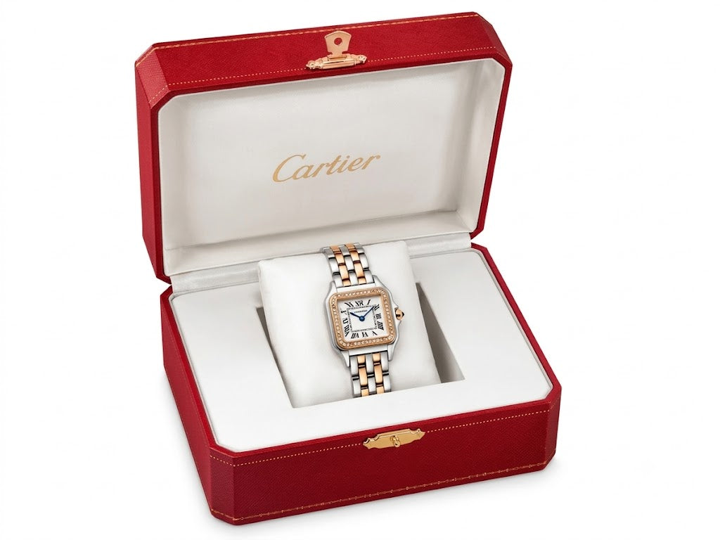 Cartier Women's Medium Square Two-Tone Stainless Steel Watch with White Dial (Rose Gold Accents) Dimensions: 36.5 × 26.7 mm
