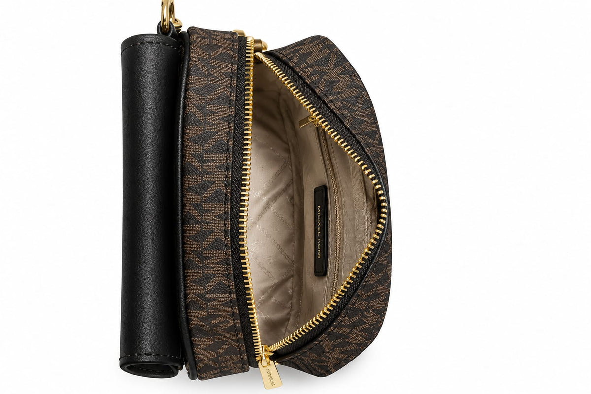 Women’s Dark Brown MK Monogram Crossbody Bag with Gold-Tone Zipper & Chain Detail#0083