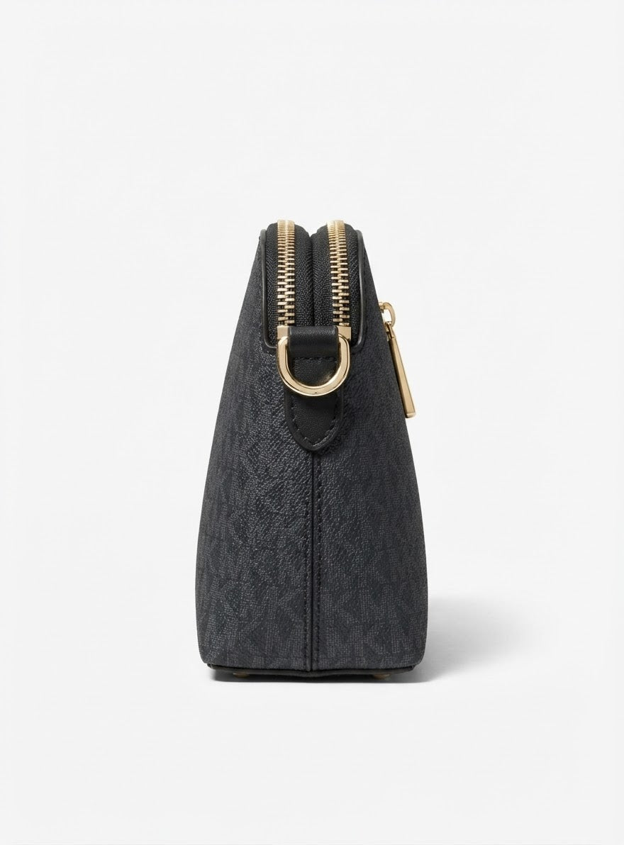 Women’s Black Signature Monogram Crossbody Bag – Two-Compartment Design with Gold-Tone Hardware#0044