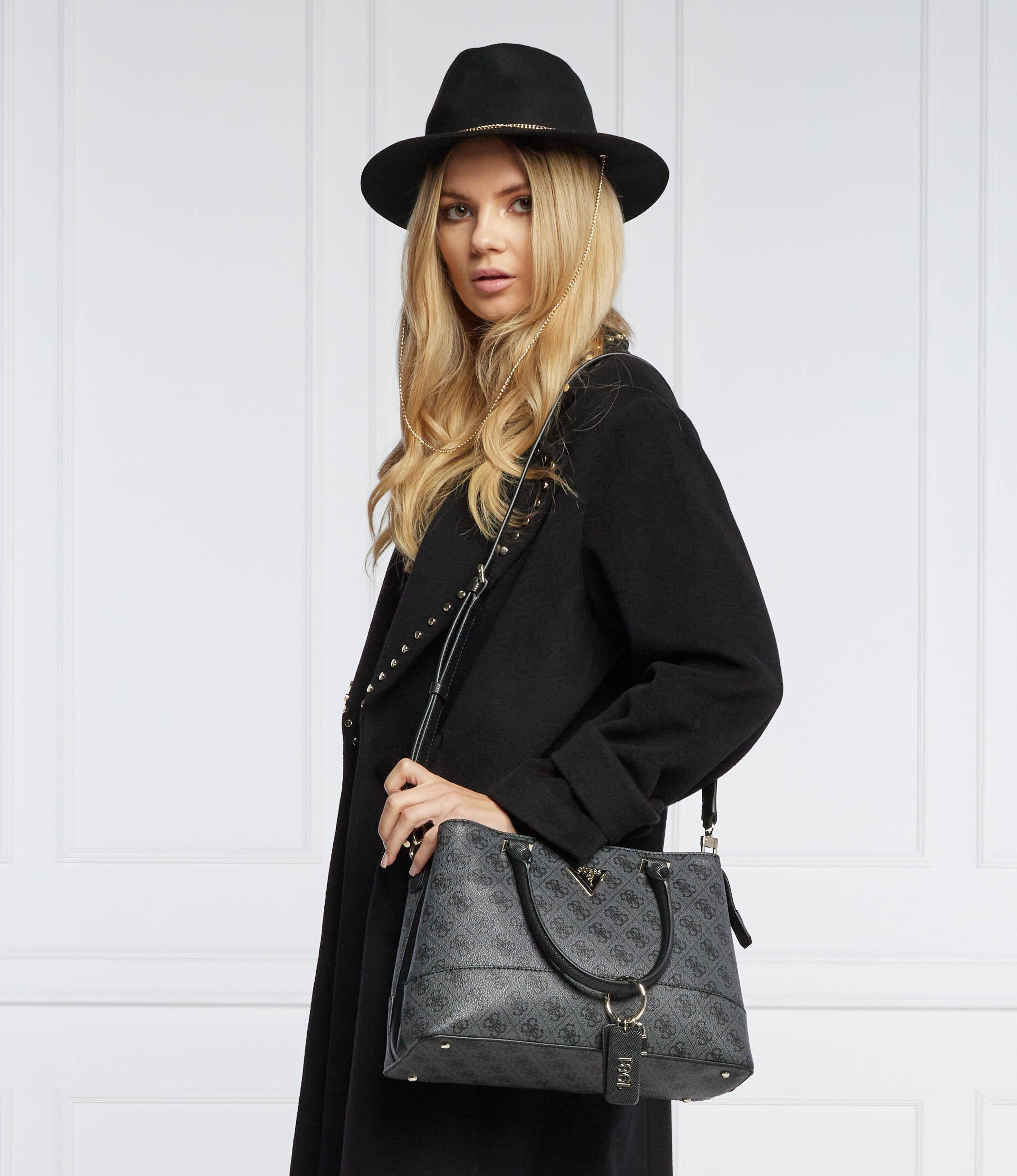 Guess Classic Dark Grey Monogram Handbag For Women #143