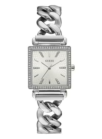 Guess W1030L1 Silver-Tone Crystal-Accented Women’s Watch – White Square Dial, Stainless Steel Bracelet, 28mm Quartz