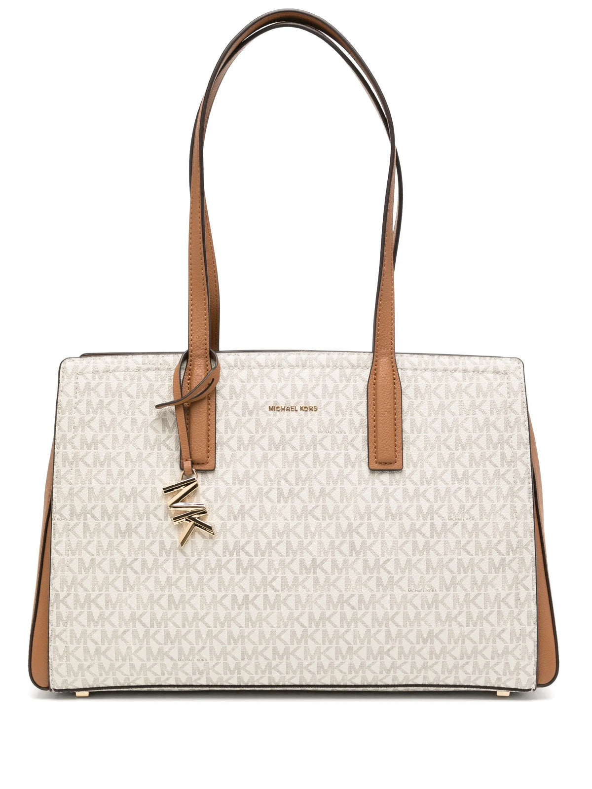 Michael Kors Beige/Brown Structured Leather Tote Bag with Gold MK Logo Charm #0051