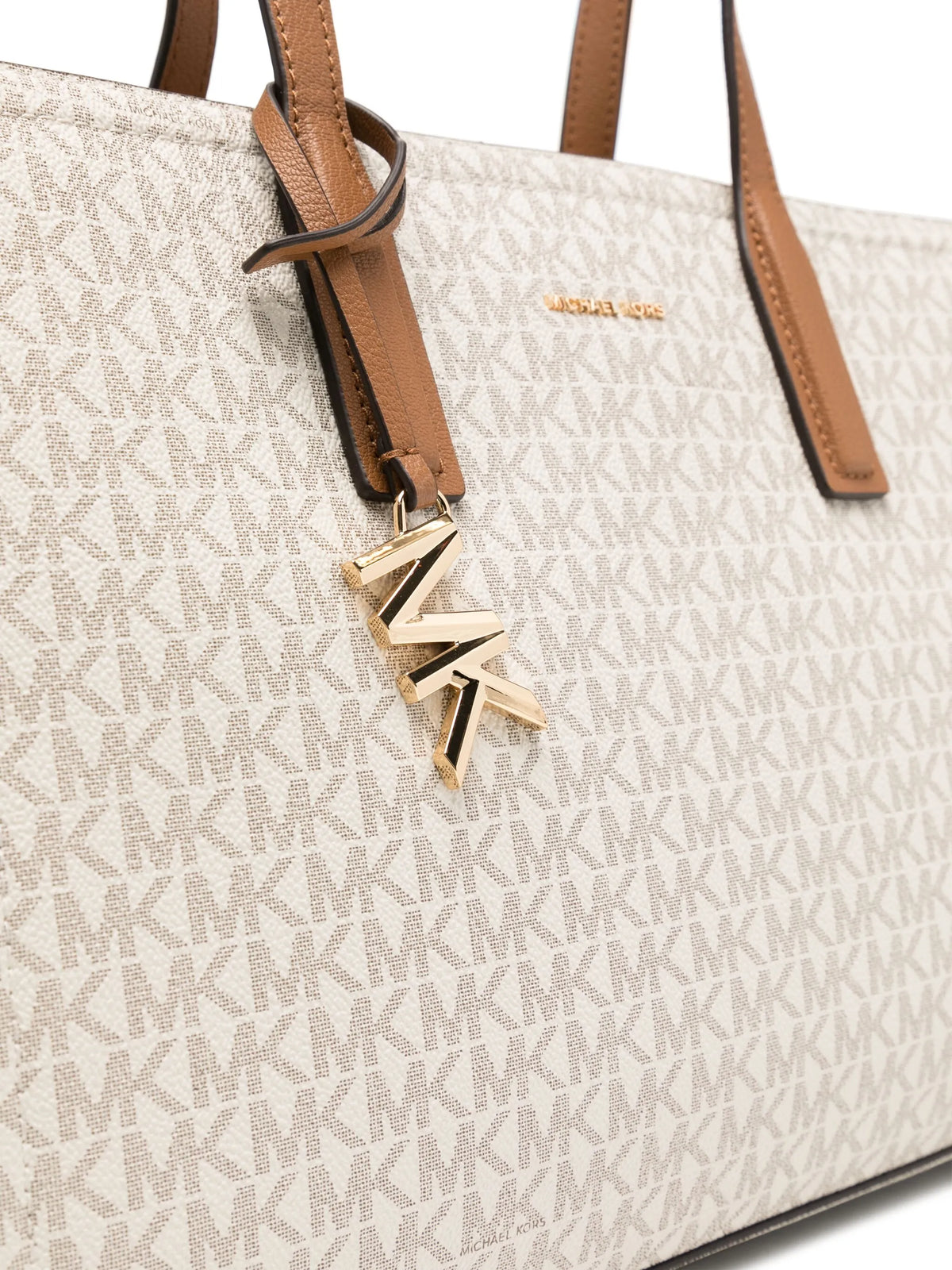 Michael Kors Beige/Brown Structured Leather Tote Bag with Gold MK Logo Charm #0051