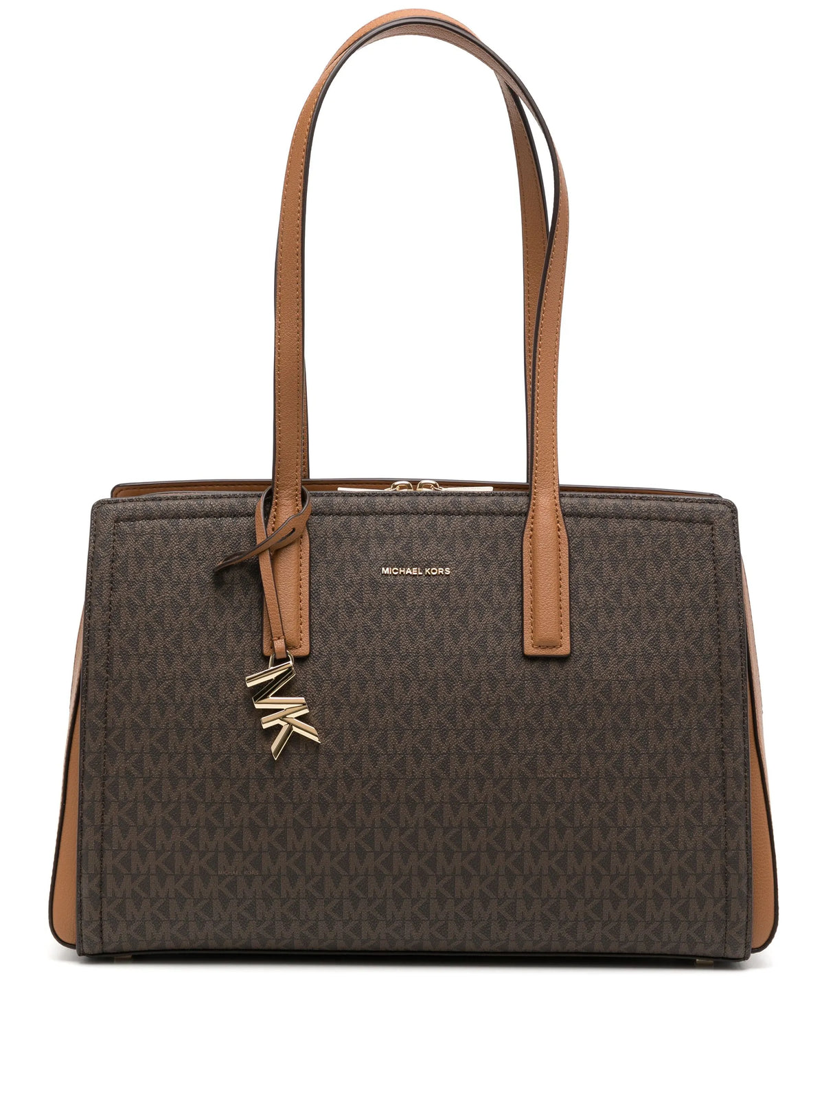 Michael Kors Coffee/Brown Structured Leather Tote Bag with Gold MK Logo Charm #0054