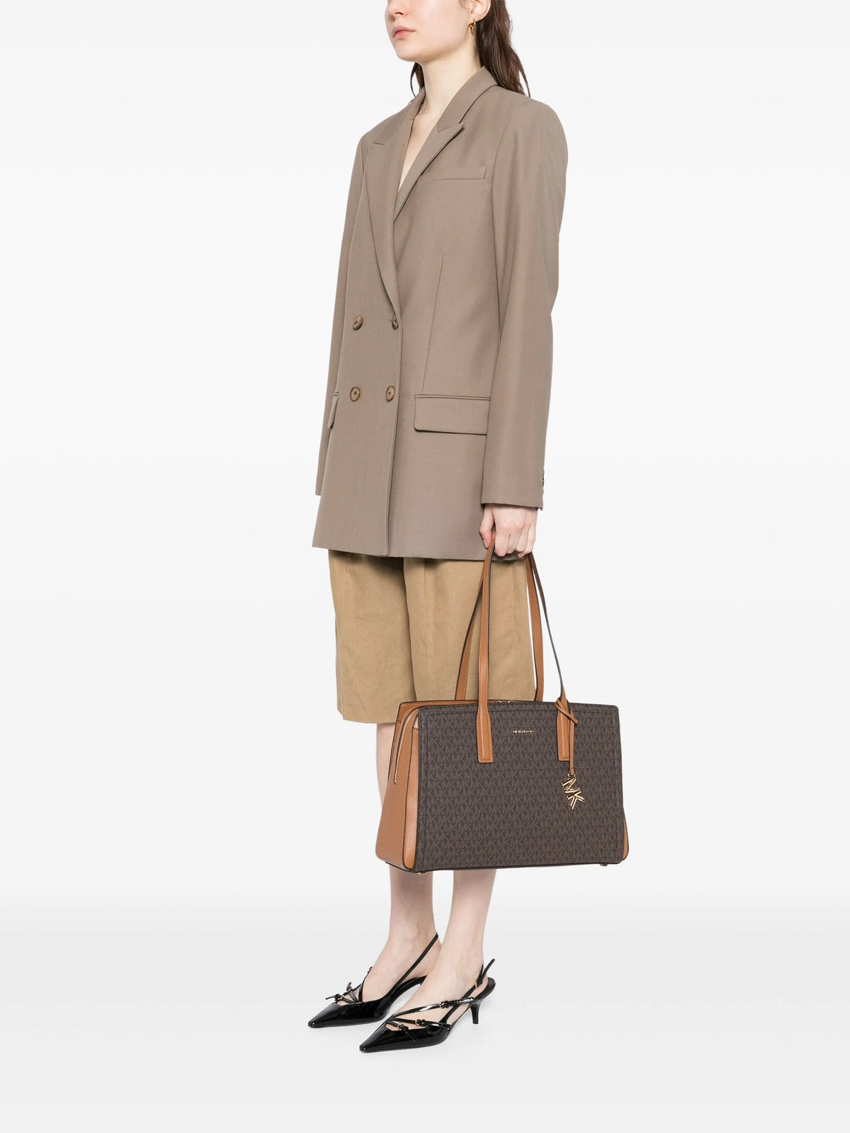 Michael Kors Coffee/Brown Structured Leather Tote Bag with Gold MK Logo Charm #0054