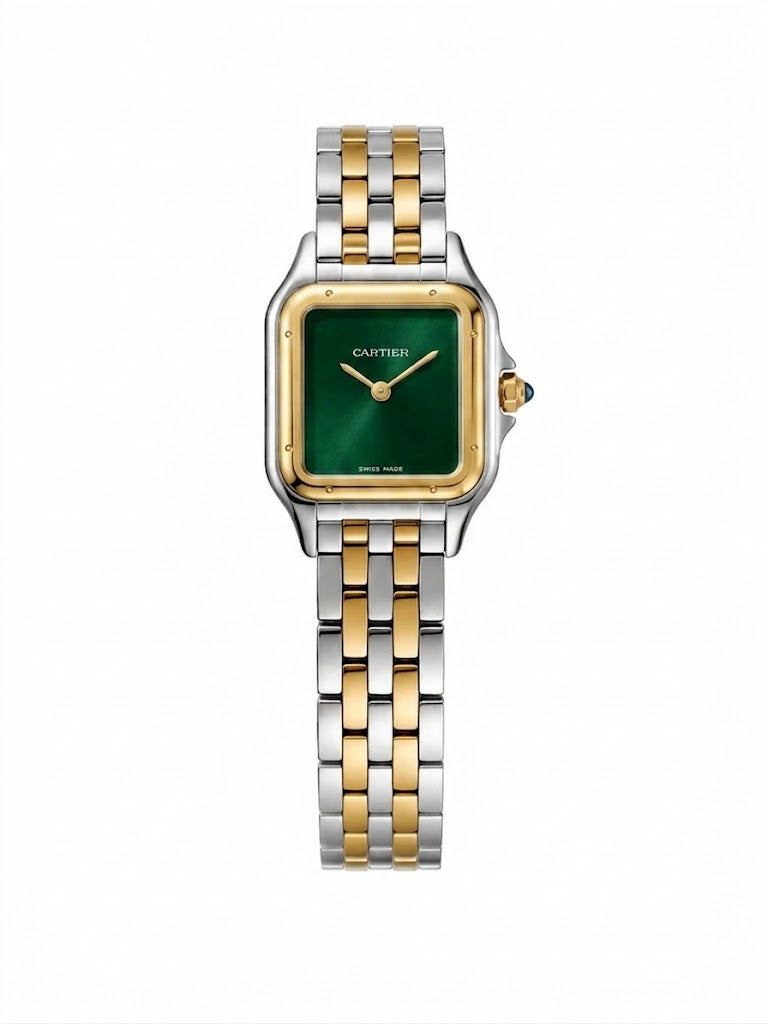 Cartier Panthère-Inspired Women’s Two-Tone Gold & Silver Square Watch with Green Dial (Small Case) Dimensions: 25.1 × 18.5 mm