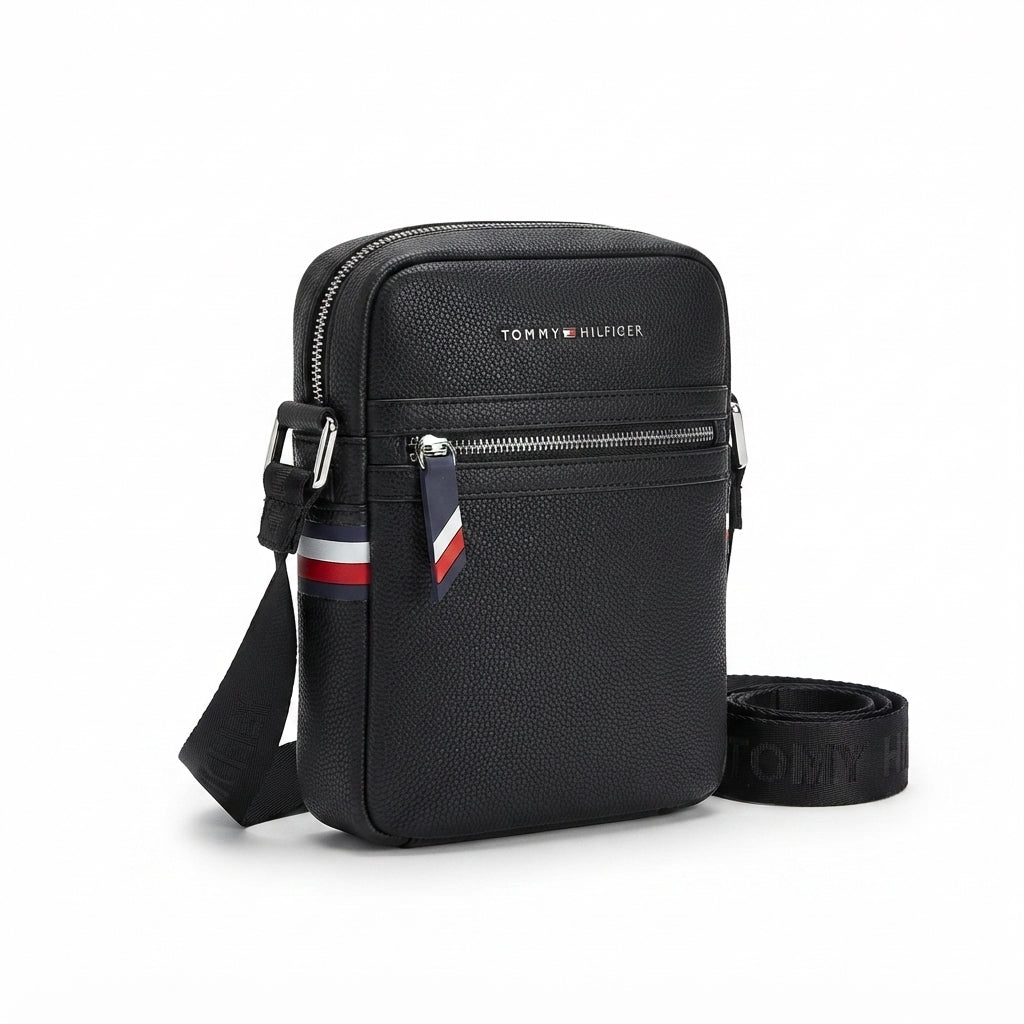 Tommy Hilfiger Men's Faux Leather Crossbody Bag with Monochromatic Monogram Details - Black #0069