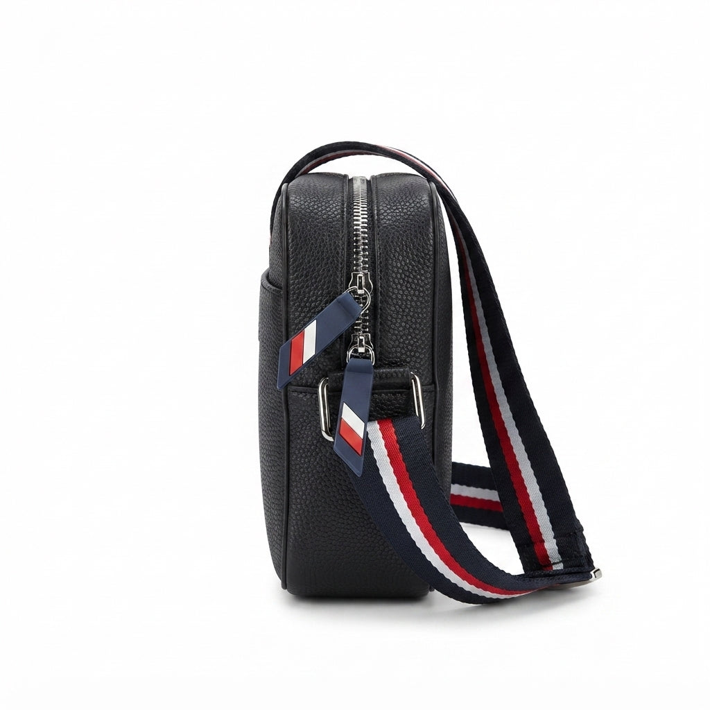 Tommy Hilfiger Monogram Crossbody Bag with Striped Strap - Black #0066