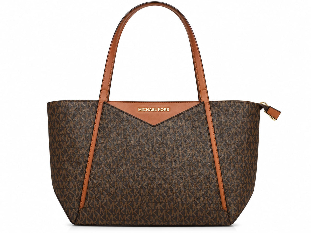 Michael Kors Brown Signature Monogram Large Tote Bag – Tan Leather Trim#0069