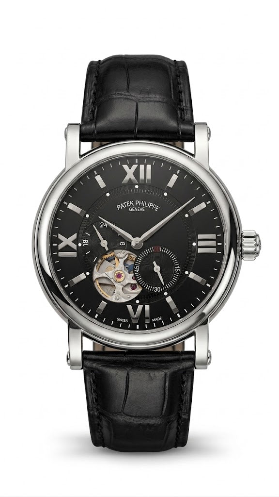 Luxury Skeleton Dial Automatic Watch – Nautilus-Inspired Design, Black Dial, Stainless Steel Case & Black Leather Strap