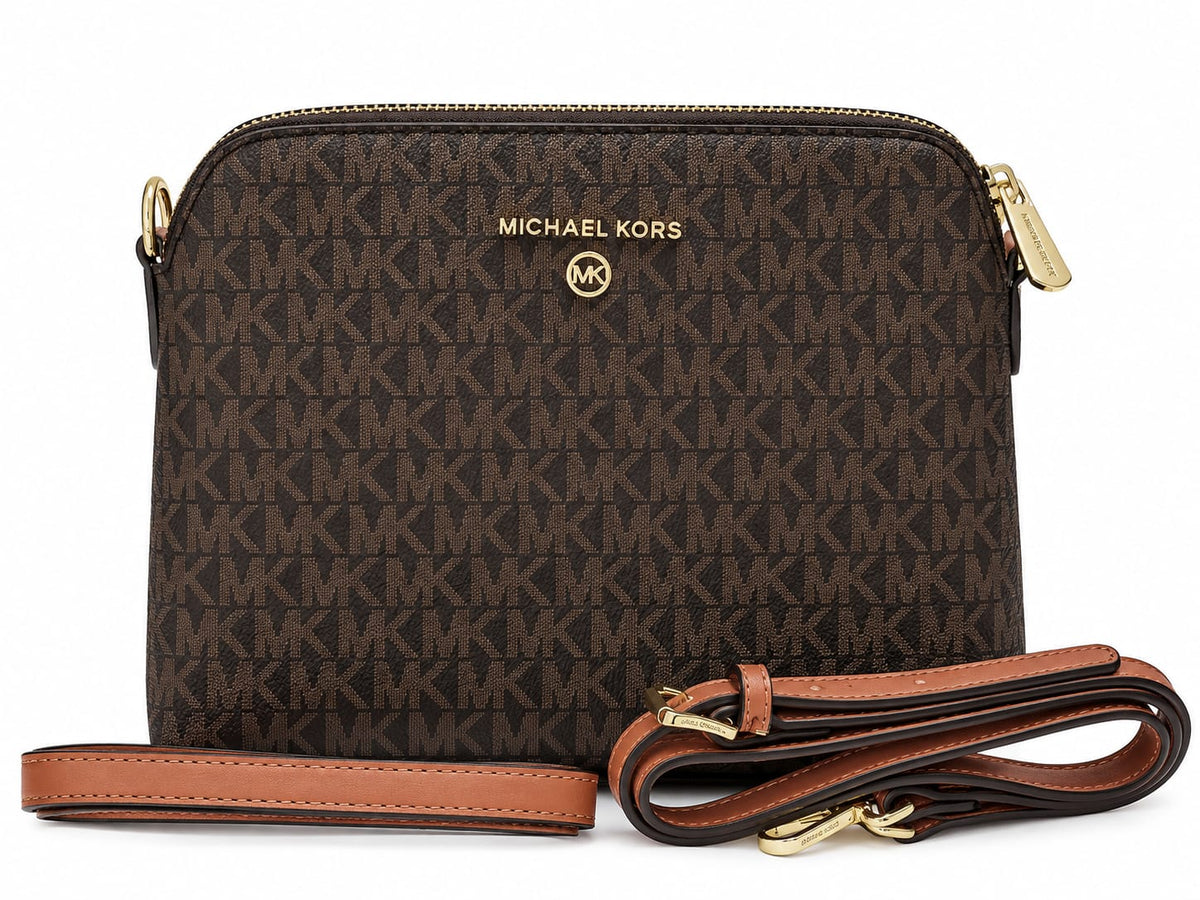 Women’s Brown Signature Monogram Crossbody Bag – Two-Compartment Design with Gold-Tone Hardware#0043