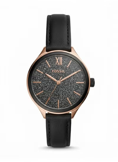 Women’s Leather Strap Watch – BQ33177  Fossil Rose Gold Case with Black Glitter Dial