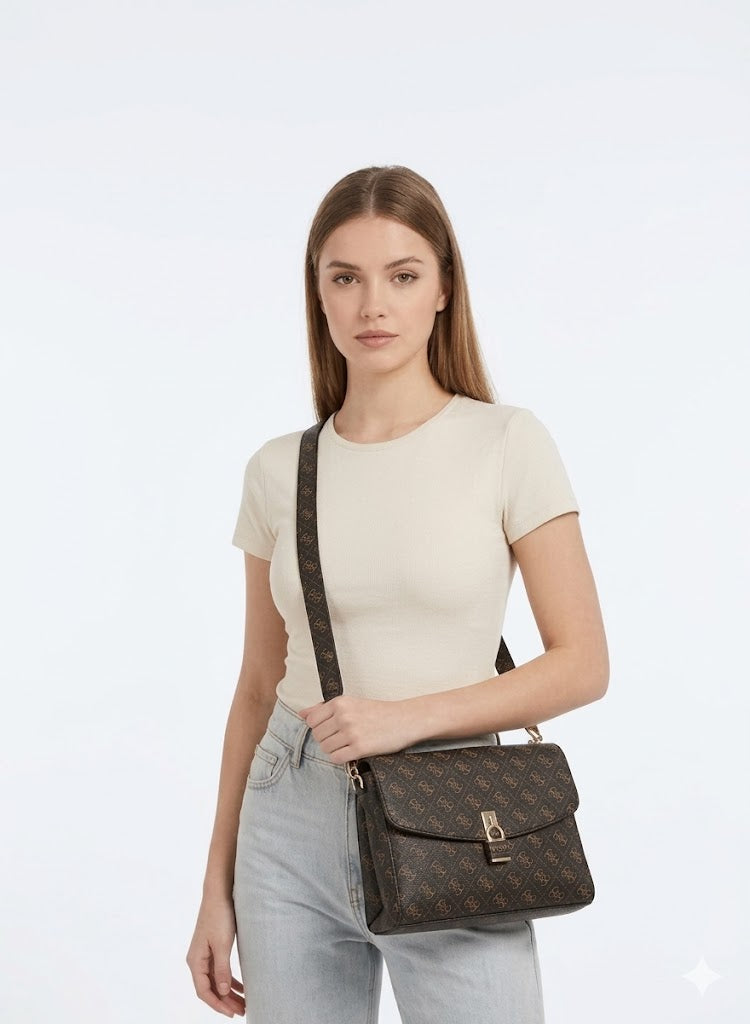 Women’s Monogram Saddle Crossbody Bag – Brown Elegant Flap Bag with Gold Hardware#186