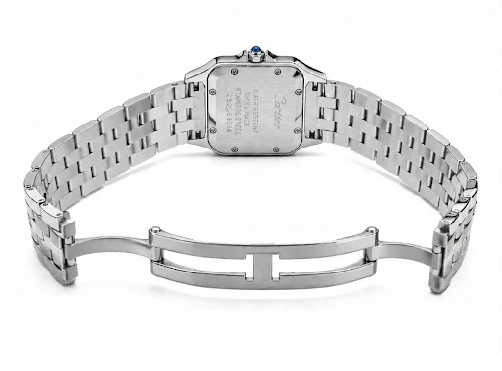 Cartier Panthère-Inspired Women’s Silver-Tone Square Watch with Sparkling Rhinestone-Set Bezel & Burgundy Dial (Medium Case) Dimensions: 36.5 × 26.7 mm