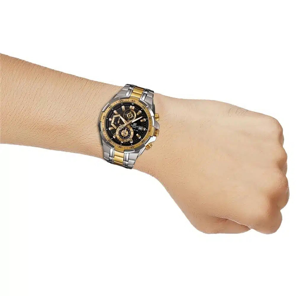 Casio Edifice Chronograph Watch for Men – Black Dial with Two-Tone Silver & Gold Stainless Steel Strap (EFR539SG-1A)