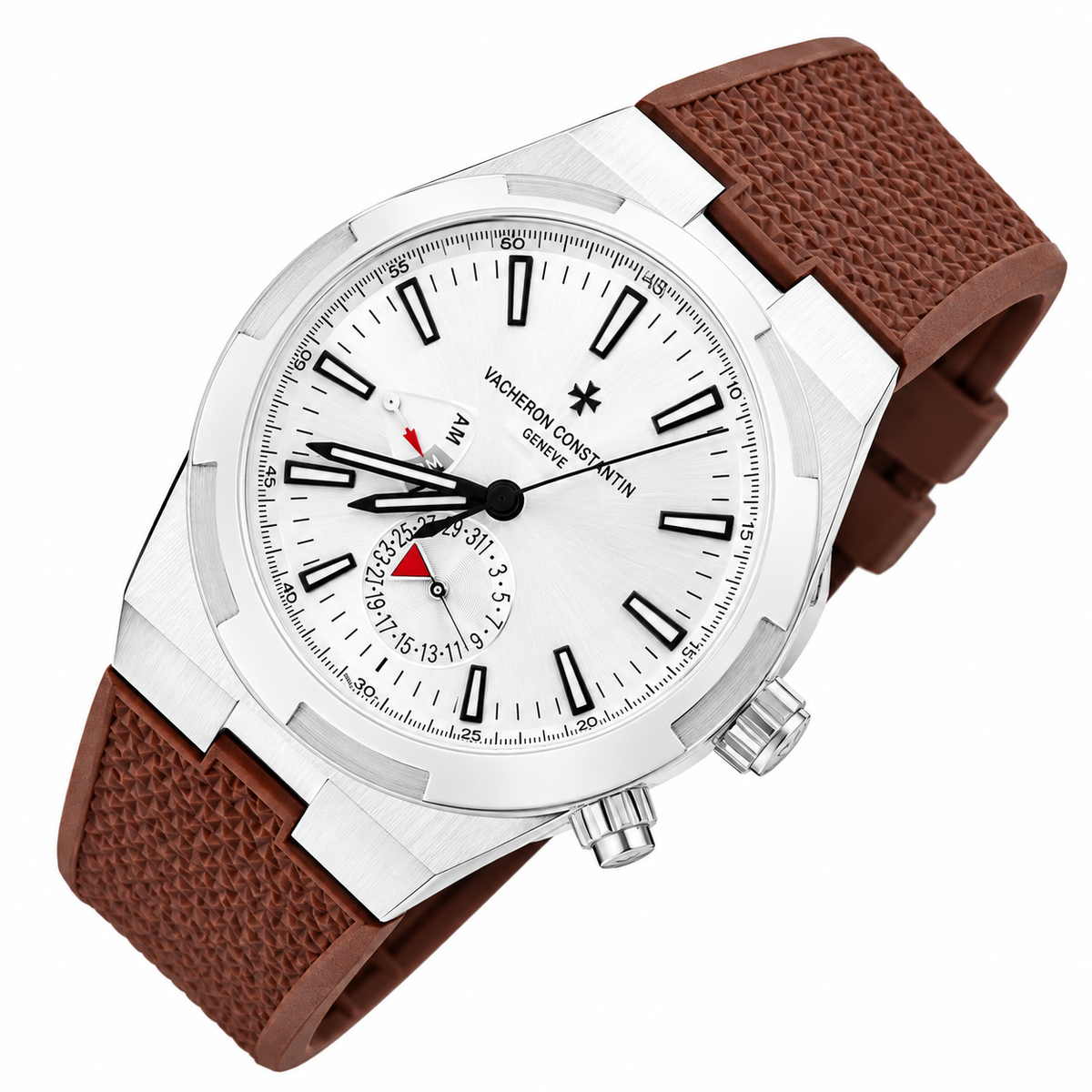 Vacheron Constantin Overseas Men's Dual Time Watch with White Dial, Silver Stainless Steel Case, and Brown PVC Strap – 41mm
