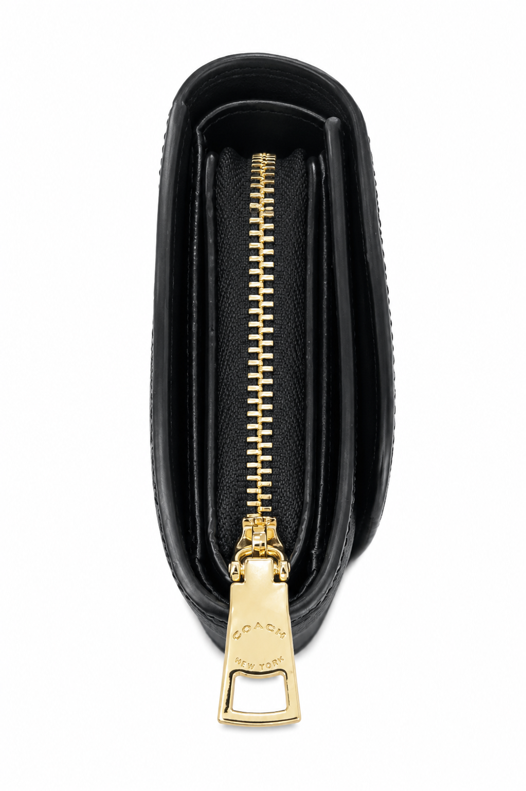 COACH Women's Premium Leather Wallet – Black with Signature Embossed Pattern & Gold Zipper#02