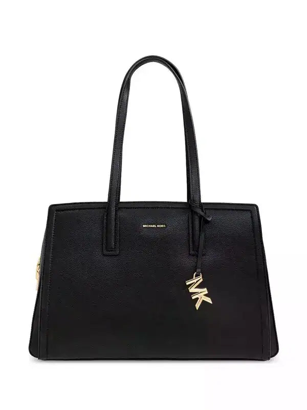 Michael Kors Black Structured Leather Tote Bag with Gold MK Logo Charm #0055