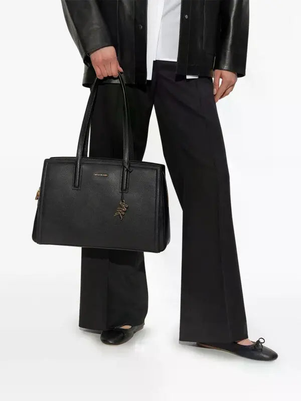 Michael Kors Black Structured Leather Tote Bag with Gold MK Logo Charm #0055