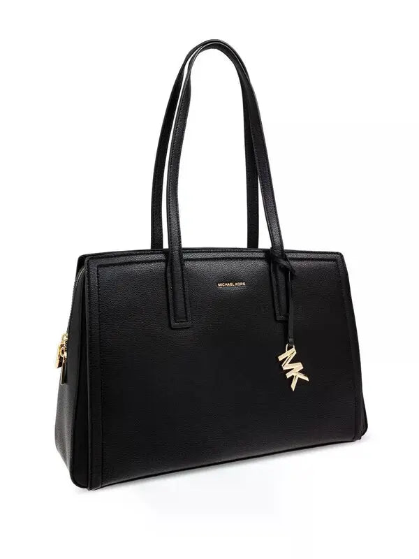 Michael Kors Black Structured Leather Tote Bag with Gold MK Logo Charm #0055