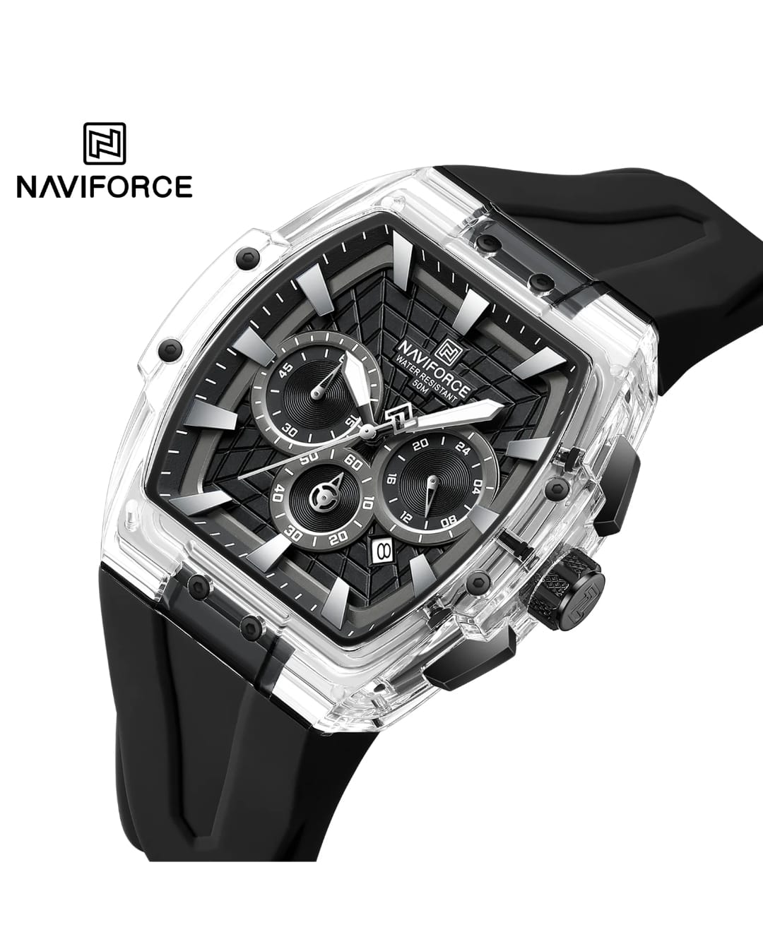 NAVIFORCE NF6113 Men's Multifunctional Chronograph Watch - Black Silicone Strap, 5ATM Water Resistant