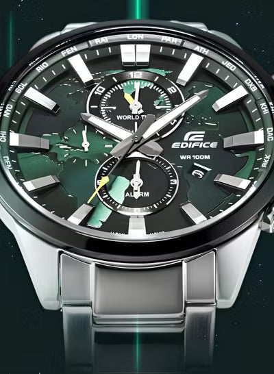 Casio Edifice EFR-303D-1A Men's World Time Watch – Green Dial Stainless Steel Analog Watch for Men, Dual Time, Quartz Movement