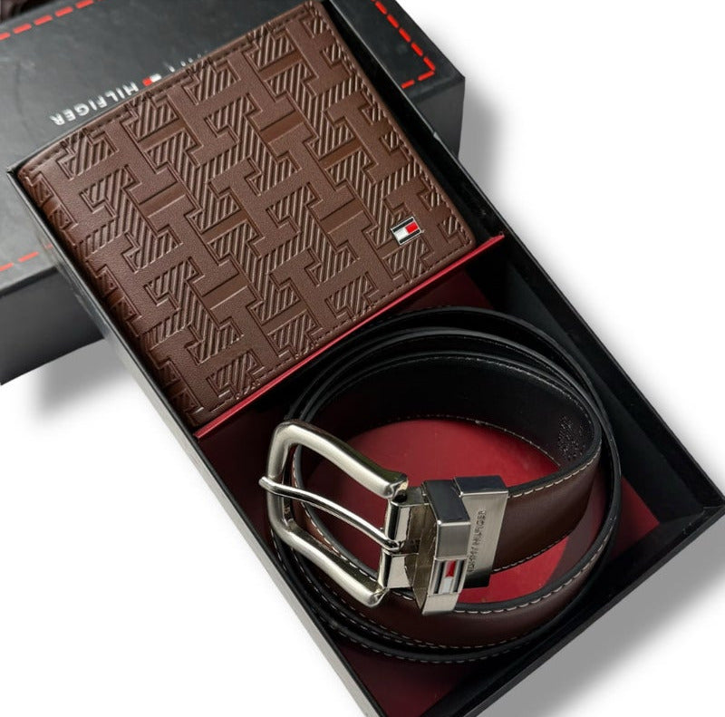 TH Brown Leather Wallet-Belt Set For Men 4#