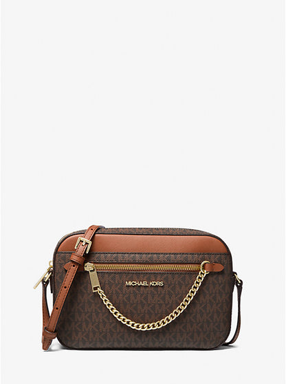 Michael Kors Signature Logo Crossbody Bag with Gold Chain Strap – Brown