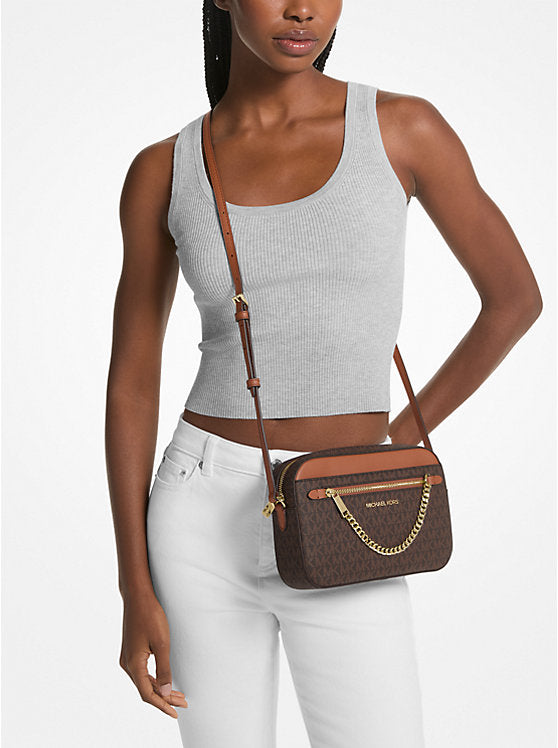 Michael Kors Signature Logo Crossbody Bag with Gold Chain Strap – Brown