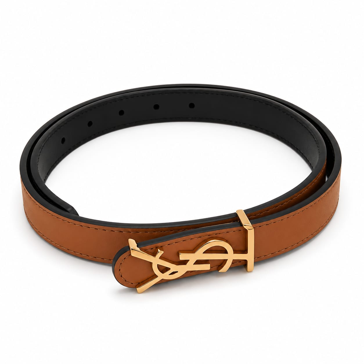 Yves Saint Laurent (YSL) Women's Reversible Premium Leather Belt – Brown / Black with Gold YSL Monogram Buckle#06