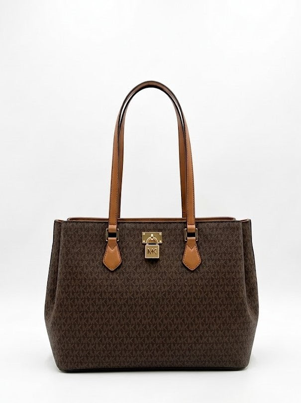 Michael Kors Women's Monogram Signature Medium Tote Shoulder Bag with Lock Charm - Brown #0033