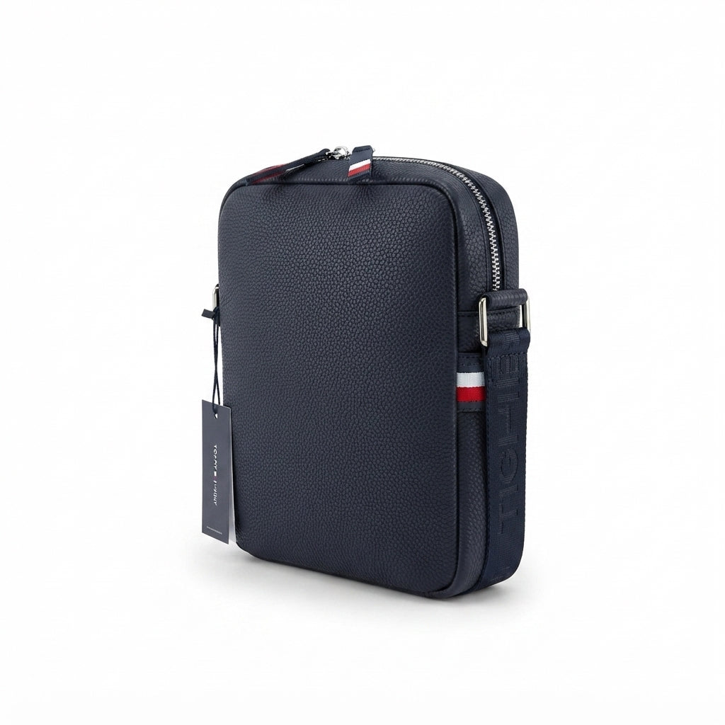Tommy Hilfiger Men's Faux Leather Crossbody Bag with Monochromatic Monogram Details - Black #0069