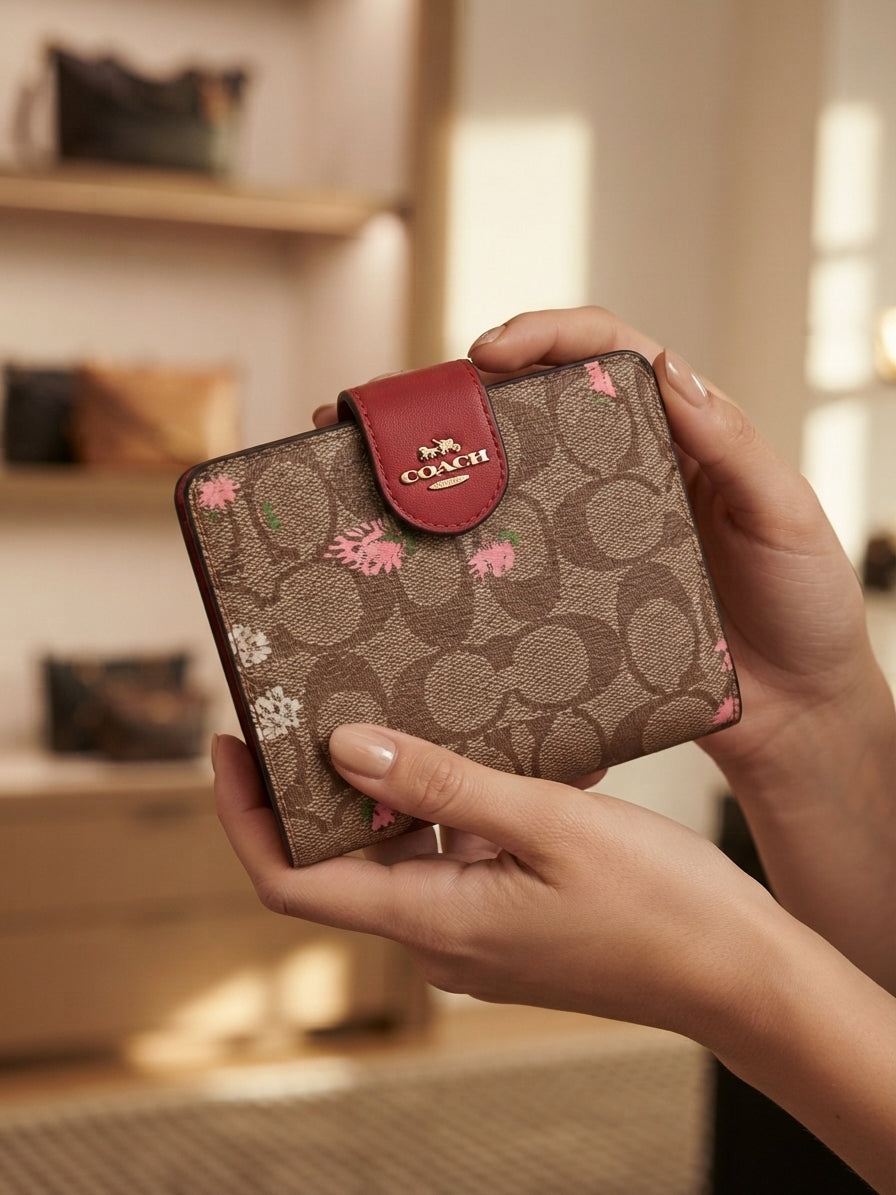 Coach Signature Medium Corner Zip Wallet - Brown/Red