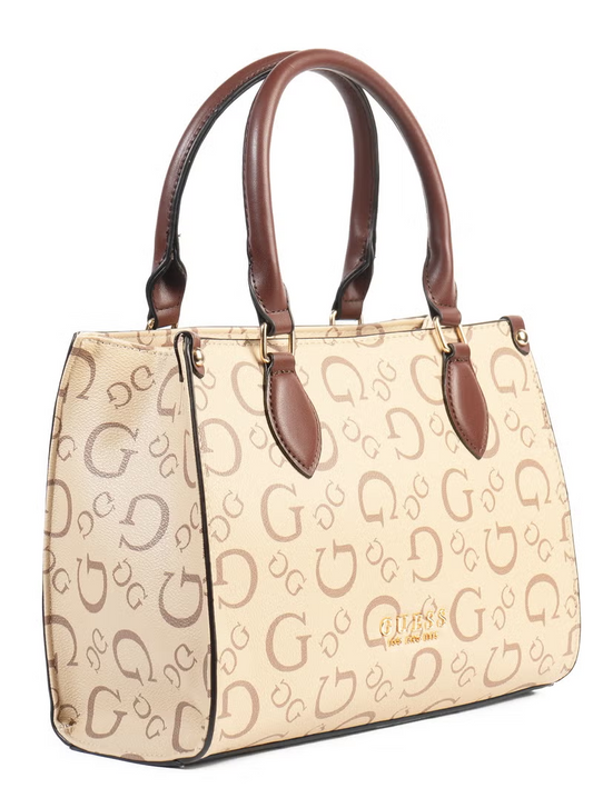 GUESS Beige Logo Crossbody Bag with Brown Handle – Women’s Designer Handbag
