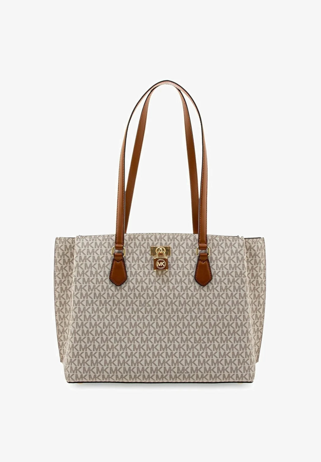 Michael Kors Women's Monogram Signature Medium Tote Shoulder Bag with Lock Charm - Beige #0034