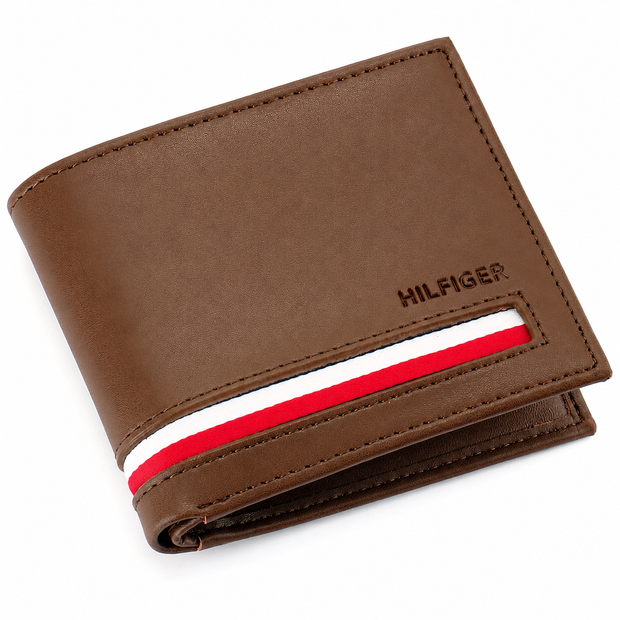 Tommy Hilfiger Men's Bifold Wallet – Brown Leather with Signature Stripe Detail#081
