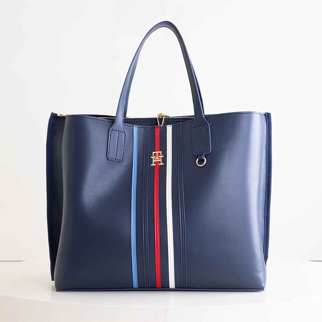Women's Elegant Navy Blue Faux Leather Tote Bag with Striped Detail & Top Handles #0086